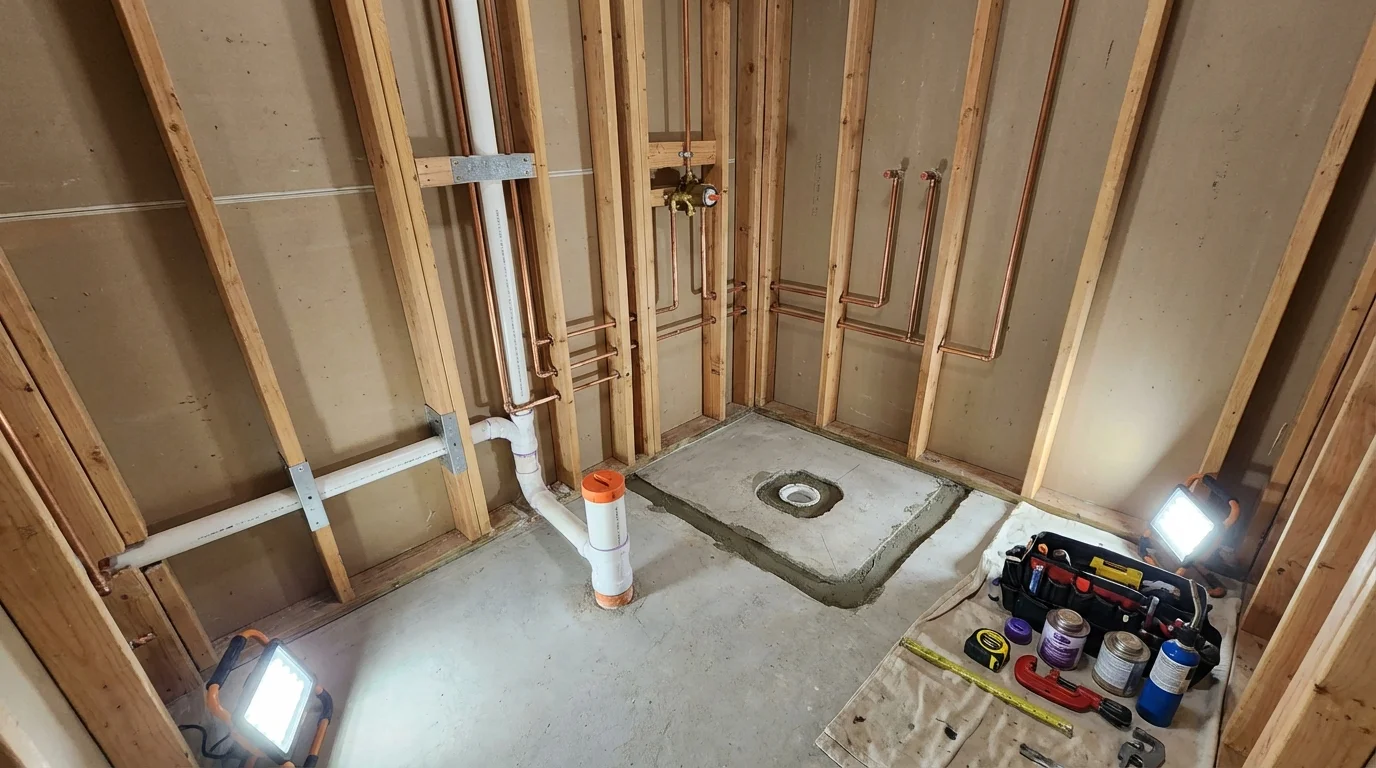 Bathroom rough-in plumbing during remodel by Johns Plumbing LLC in Grabill
