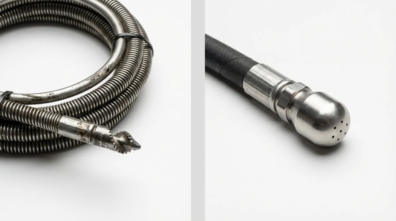 Drain snake cable and hydro jetting nozzle used for drain cleaning in Grabill, IN