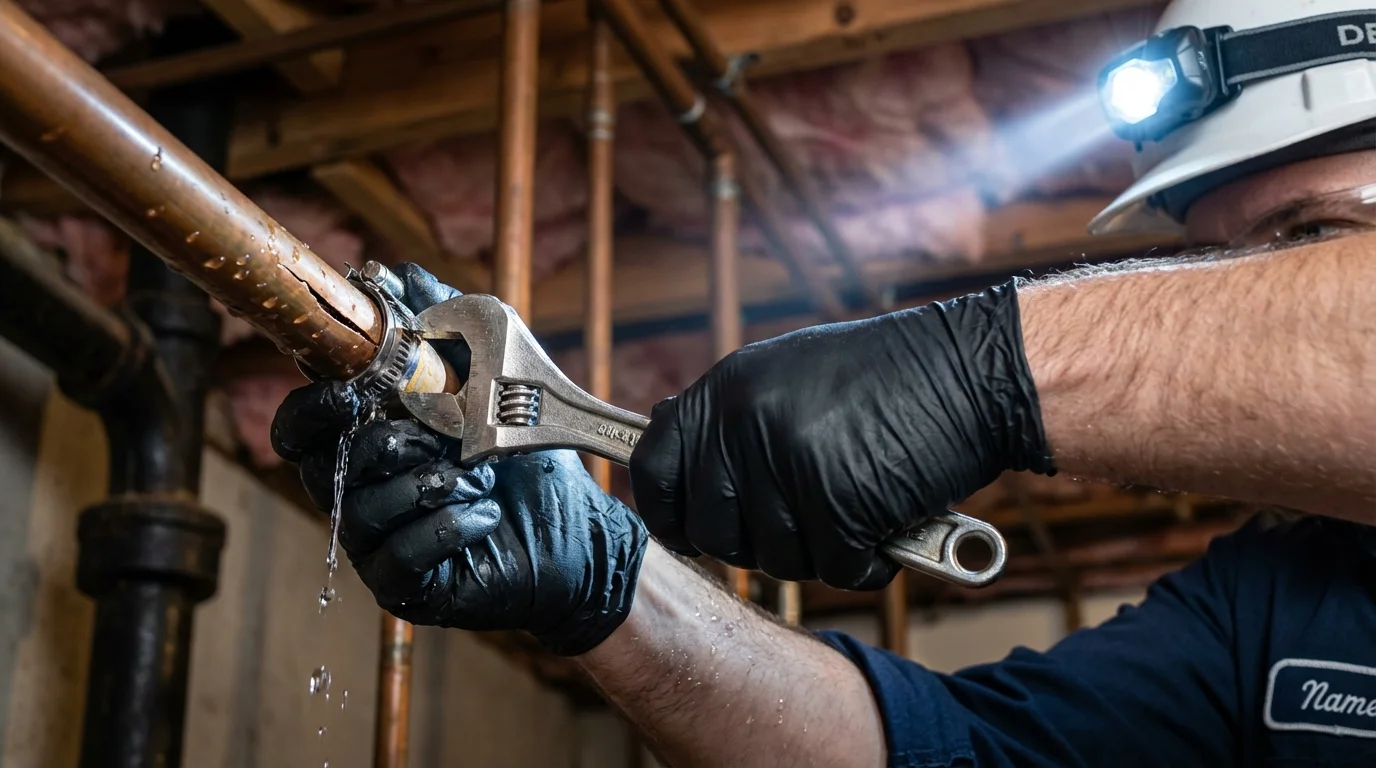 Emergency pipe clamp repair being performed by a Johns Plumbing LLC plumber in Grabill