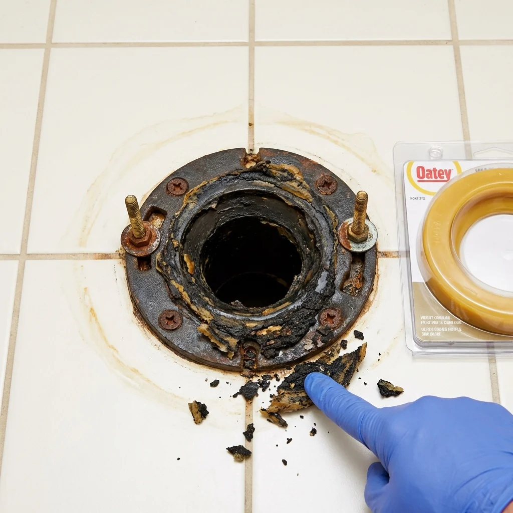 Failed wax ring showing water seepage at the base of a toilet in a Grabill, IN home