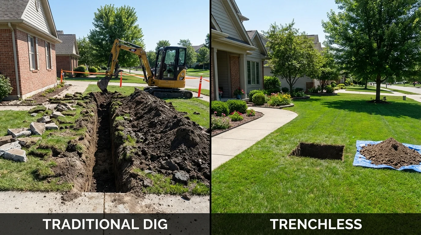Trenchless sewer repair with minimal yard damage versus traditional excavation in Grabill, IN
