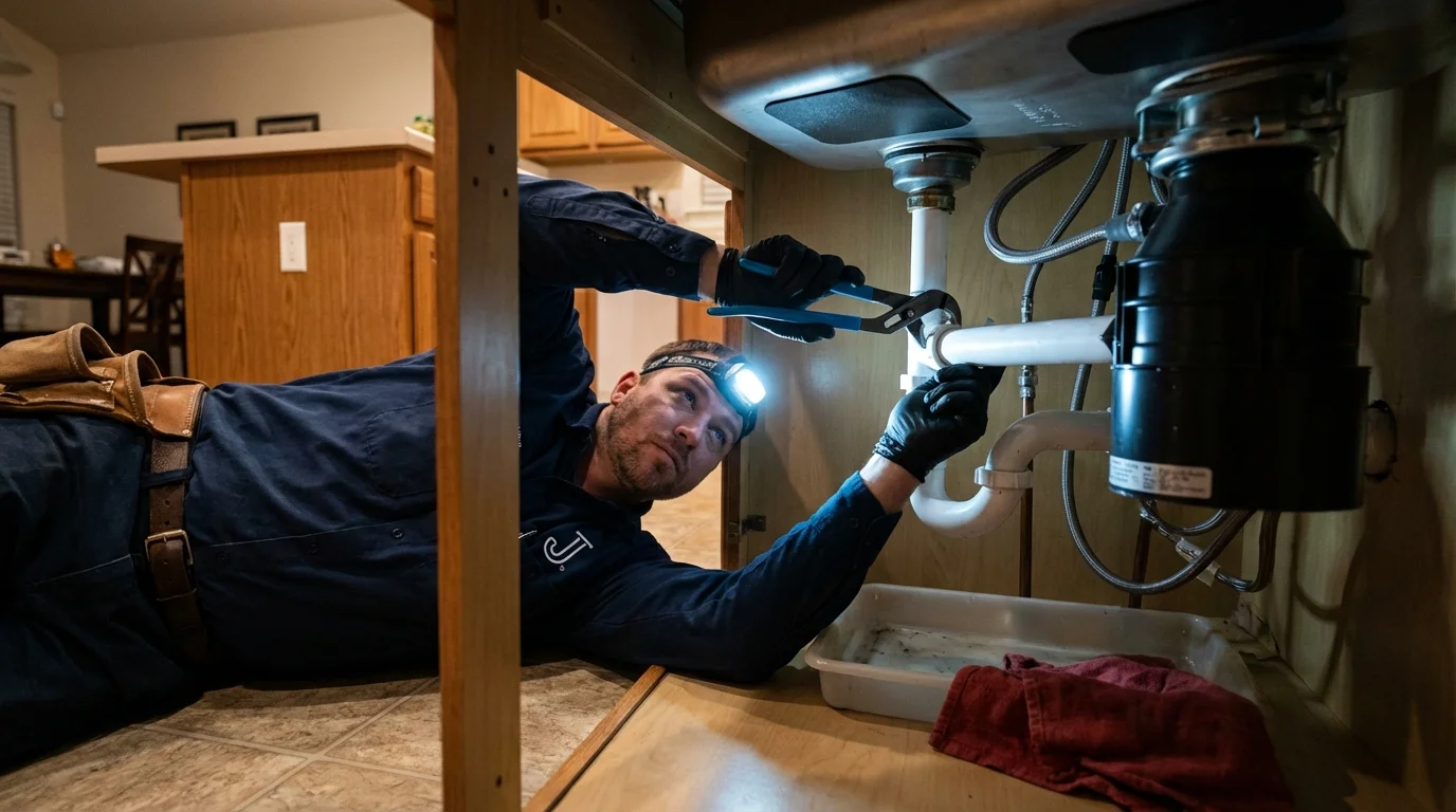 P-trap and supply line connections under a kitchen sink showing a common leak point in Grabill, IN